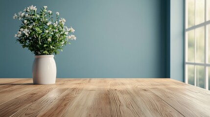 Poster - Sunlight streaming into minimalist office with wooden table and flowers