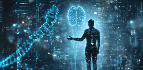 Poster - Digital Representation of Human Brain with DNA Strand, Symbolizing Connection Between Neuroscience and Genetic Research in a Futuristic Environment
