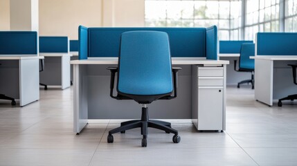 Poster - Modern office workspace with blue chairs and desks showing a new open space environment
