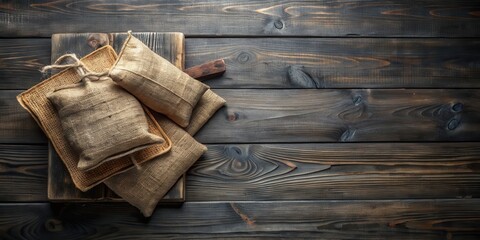 Aufkleber - Rustic Burlap Sacks on Dark Wooden Surface, Ideal for Product Presentation or Packaging Design