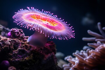 Poster - A 3D-rendered isolated coral polyp glowing under UV light, with intricate fluorescent patterns and vibrant colors highlighted against a deep black backdrop