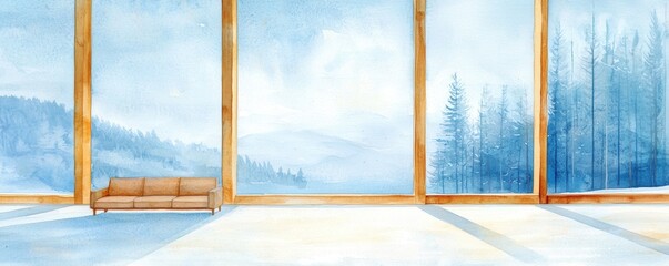 Poster - Cozy minimalist living room with panoramic view of misty mountains