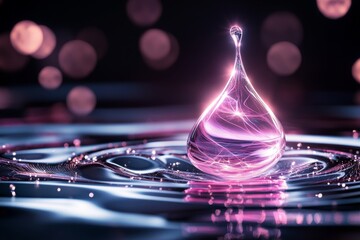 Poster - A UV light illuminating a single drop of fluorescent liquid on a dark surface, with ripples glowing around it