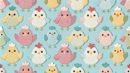 Poster - Charming Pastel Chickens Seamless Pattern for Textile Design