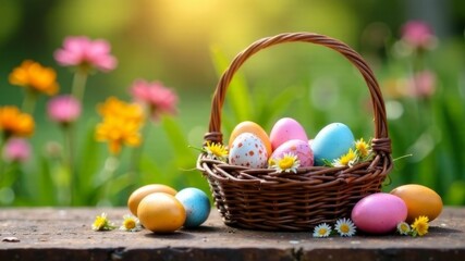 Wall Mural - Easter eggs in a wicker basket