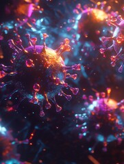 Aufkleber - Colorful scientific depiction of magnified viruses showcasing intricate details and vibrant structures in a microscopic view. Generative AI