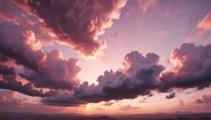 A captivating panoramic view of a sunrise sky with dramatic cloud formations and soft pink hues, golden hour, panoramic view, morning light