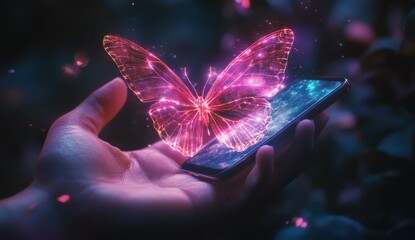 Poster - Enchanting Digital Butterfly Emerging from Smartphone Screen Illustrating the Fusion of Technology and Nature in a Mystical, Colorful Environment