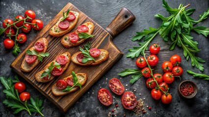 Sticker - Appetizing Bruschetta with Cherry Tomatoes and Fresh Herbs on Rustic Wooden Board