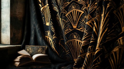 A meticulously framed shot of a luscious black and gold art deco pattern tapestry draped along a wall, giving a luxurious backdrop to a reading nook