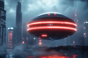 Poster - A cyberpunk-inspired glowing object suspended in isolation under UV light, with neon accents and holographic projections in a dark urban environment