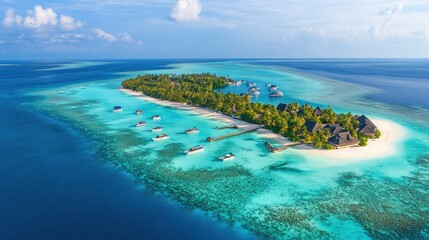 Aerial view of a tropical island with boats and huts surrounded by clear blue waters