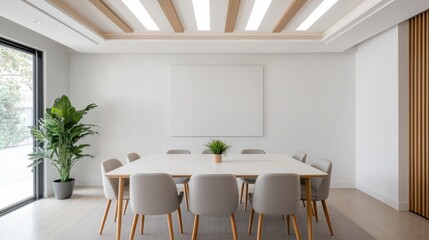 Poster - Modern minimalist office meeting room with empty whiteboard and chairs preparing for a business meeting