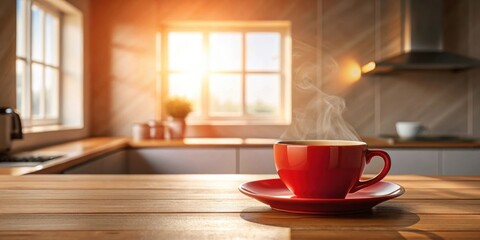 Canvas Print - Warm morning beverage on kitchen counter near sunlit window