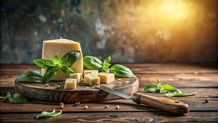 Aufkleber - Aromatic Cheese Wedge with Fresh Basil and Spices on Rustic Wooden Board
