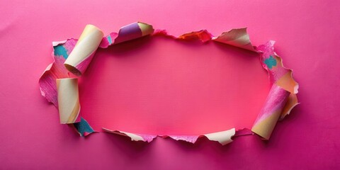 Poster - Pink paper background with torn edges and rolled colorful paper scraps revealing a central space