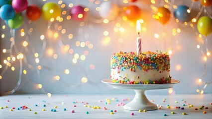 Poster - Festive Birthday Cake with Sprinkles and Single Candle on Cake Stand, Surrounded by Colorful Balloons and Fairy Lights