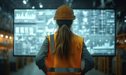 Poster - Female Engineer in Hard Hat Overseeing Digital Data Analytics Display in Warehouse Environment with Graphs and Charts Monitoring Industry Performance
