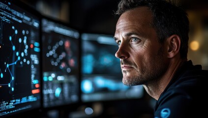 Aufkleber - Focused Male Analyst Working with Multiple Computer Screens in a Dark Environment, Analyzing Data and Visualizing Complex Information for Insights and Decision-Making