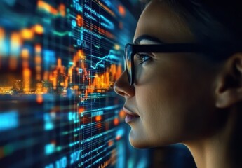 Poster - Focused Woman Analyzing Financial Data on Digital Screen, Displaying Stock Market Trends and Analysis in a Modern, Futuristic Environment