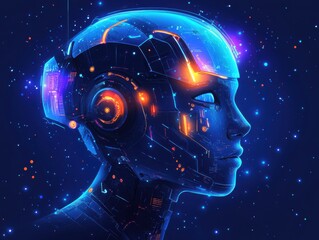 Poster - Futuristic AI Robot Head with Neon Lights Against a Starry Background, Representing Advanced Technology and Artificial Intelligence Concepts in Digital Art