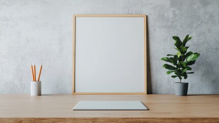 Poster - Empty frame with tablet and plant on wooden table in modern office