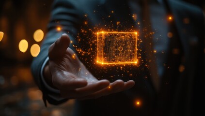 Poster - Futuristic businessman with glowing digital cube representing innovation and technology in a modern urban setting, showcasing concepts of data and information exchange.