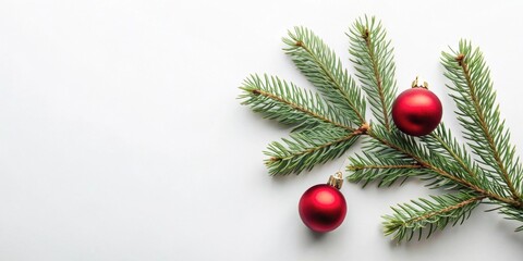 Poster - Winter Holiday Decorations Festive Evergreen Branches and Red Ornaments on a White Background