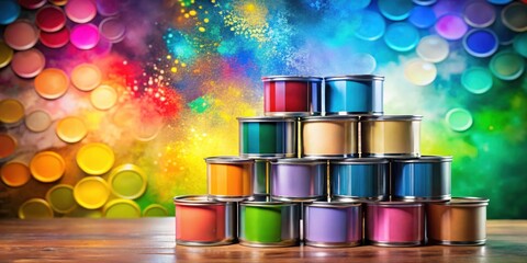 Poster - Colorful Paint Cans Arranged in a Pyramid on a Wooden Surface Against a Vibrant Background