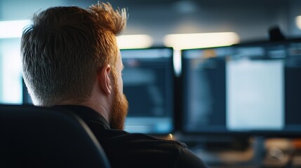 Poster - Young Male Developer Working on Computer Code in Modern Office Environment