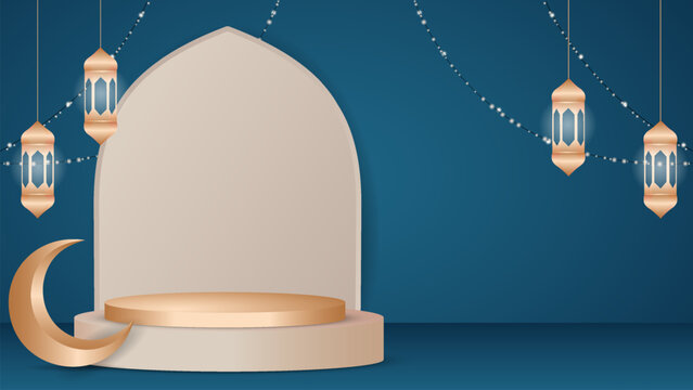 ramadan eid mubarak background and podium vector