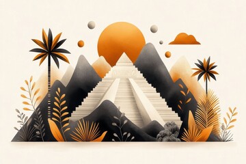 Poster - A flat design of the pyramid framed by stylized palm trees and Mayan symbols, drawn with bold colors and sharp edges on a white canvas