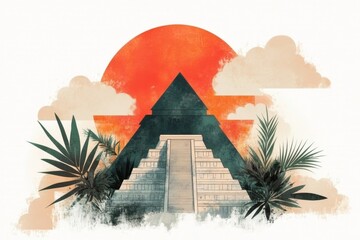 Poster - A flat design of the pyramid with Aztec and Mayan elements harmoniously integrated, surrounded by stylized clouds and jungle foliage on a white canvas