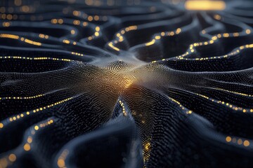 Poster - Abstract Light Waves with Dots and Flowing Patterns in Dark Background