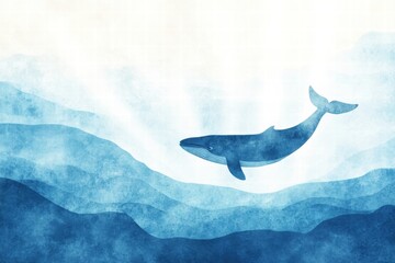 Aufkleber - Elegant blue whale swimming gracefully through serene ocean waves in an artistic illustration. Generative AI