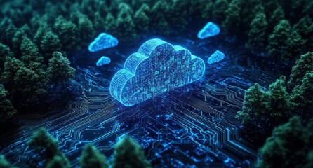 Poster - Futuristic Cloud Computing Concept with Digital Circuitry and Nature Elements Featuring Glowing Cloud Shape Surrounded by Lush Green Trees and Blue Data Clouds