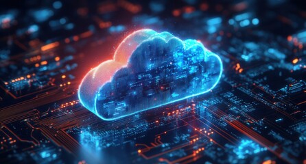 Aufkleber - Futuristic Cloud Computing Concept with Digital Circuitry and Neon Lights Illustrating Data Storage and Connectivity in the Information Technology Landscape