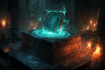 Poster - A gothic depiction of an ancient glowing artifact revealed under UV light, isolated in a dark, candlelit crypt with eerie shadows