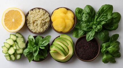 Sticker - Vibrant and healthy food ingredients: lemon, quinoa, grapefruit, spinach, basil, cucumber, avocado and black rice. Clean eating concept