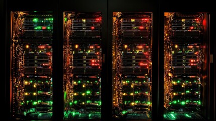 Poster - An advanced data center with racks of glowing servers and cooling systems.