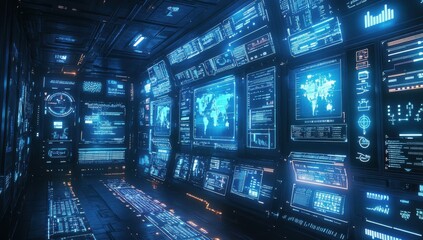 Aufkleber - Futuristic Control Room with Digital Screens Displaying Data Visualizations, Graphs, and World Maps in a High-Tech Environment, Sci-Fi Concept Design