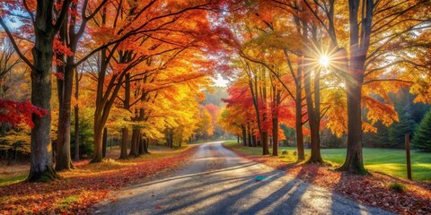 Aufkleber - Autumnal Road Through Sunlit Canopy of Vibrant Fall Foliage