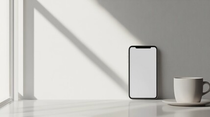 Poster - A blank phone display, a desktop monitor, and a half-full cup on a bright and clean workspace.
