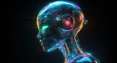 Poster - Futuristic Cybernetic Head of a Human-like Robot with Neon Lights and Advanced Technology Elements Showcasing the Intersection of Humanity and Artificial Intelligence