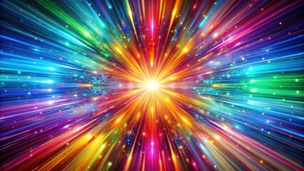 Poster - A vibrant burst of multicolored light rays emanating from a central point, creating a dazzling and energetic visual spectacle.