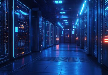 Poster - Futuristic Data Center Hallway with Neon Blue Lighting and Advanced Technology for High-Tech Digital Infrastructure Solutions