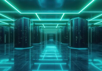 Aufkleber - Futuristic Data Center Interior with Neon Lights and Reflective Surfaces, Showcasing Advanced Technology and a High-Tech Atmosphere