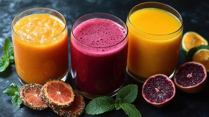 Sticker - Three glasses of colorful fruit juices and smoothies with fresh fruit slices and mint leaves on dark background