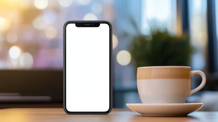 Poster - A clean, modern workspace with a mobile phone's blank screen in focus, a desktop monitor, and a latte.