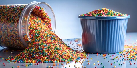 Poster - A cascade of colorful sprinkles spills from a clear container into a blue container, creating a vibrant and delightful scene.